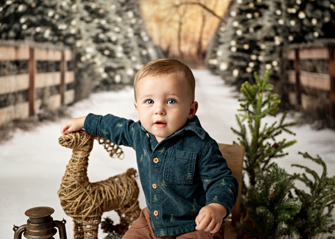 Baby boy in denim shirt poses with wicker reindeer in snowy Christmas scene with pine trees and wooden fence.