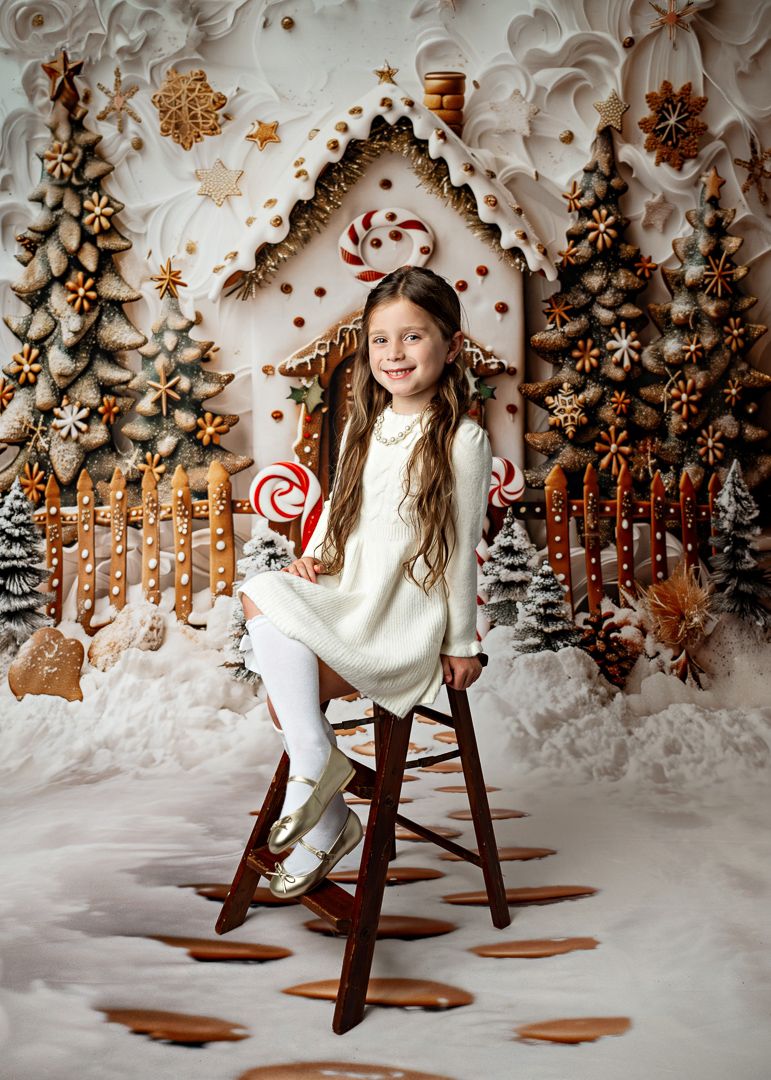 Young girl in white dress sits on stool before festive gingerbread house Christmas backdrop with candy canes and trees.