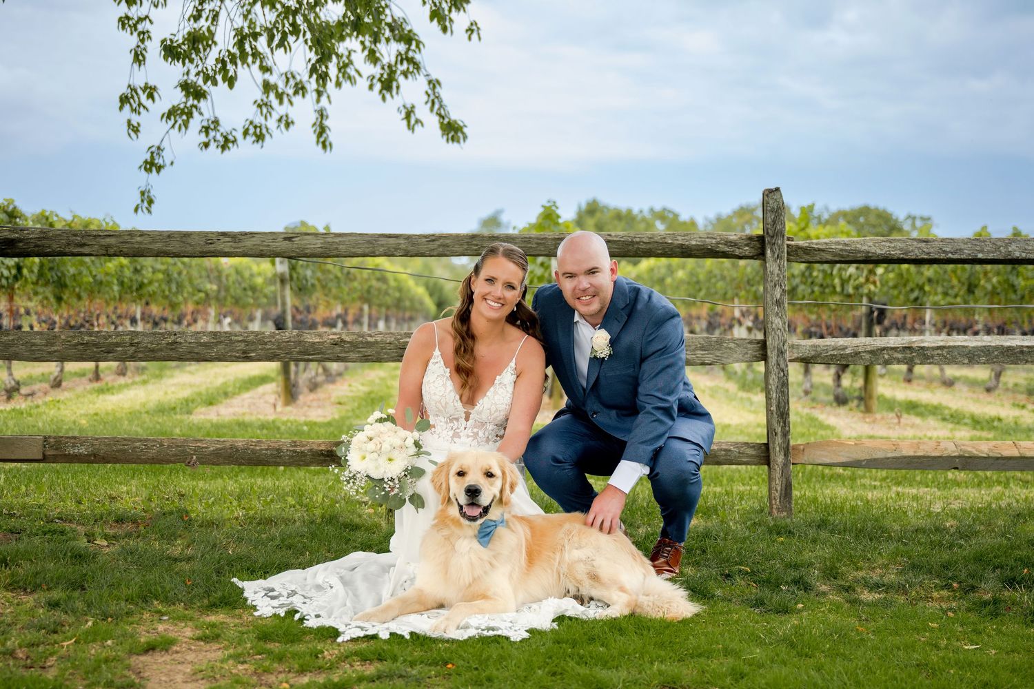 A happy golden retriever poses with a couple at a scenic vineyard on a bright sunny day.