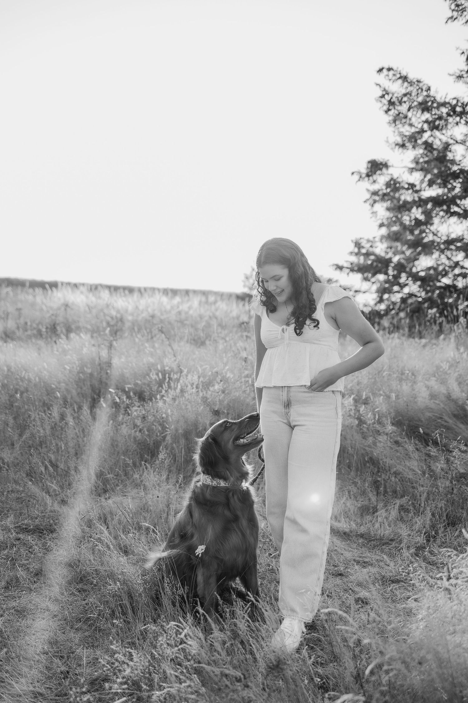 Black and white photo of a loyal dog sitting beside their companion in a grassy meadow.