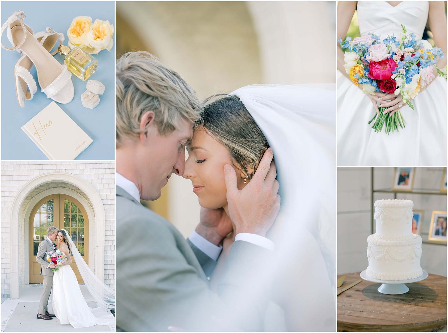 Romantic wedding collage featuring bride and groom portraits, bridal bouquet, wedding cake, and elegant accessories on blue backdrop.