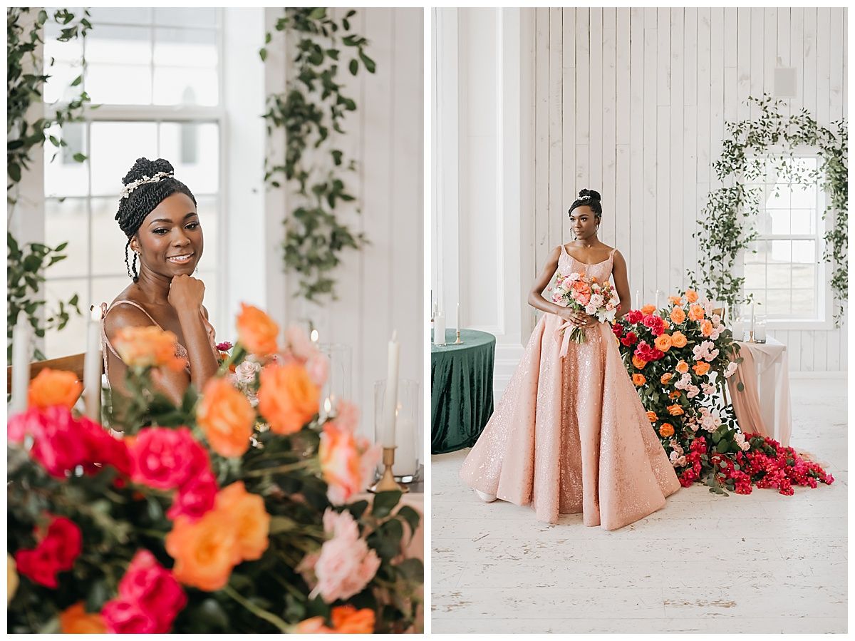 A bright and airy wedding venue with white walls, large windows, and elegant floral arrangements in pink and orange tones.