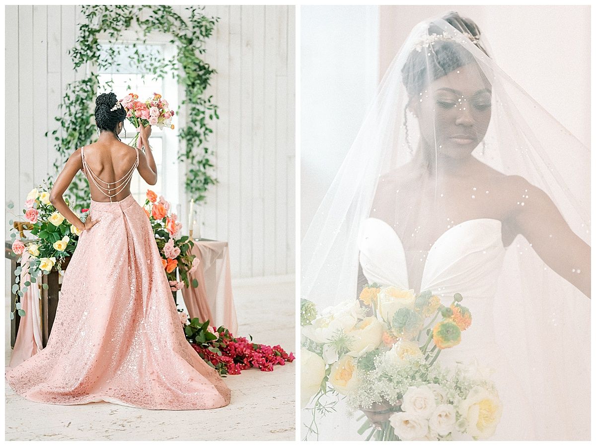 Ethereal bridal photography sequence featuring a pink gown and delicate floral elements in a bright white studio setting.