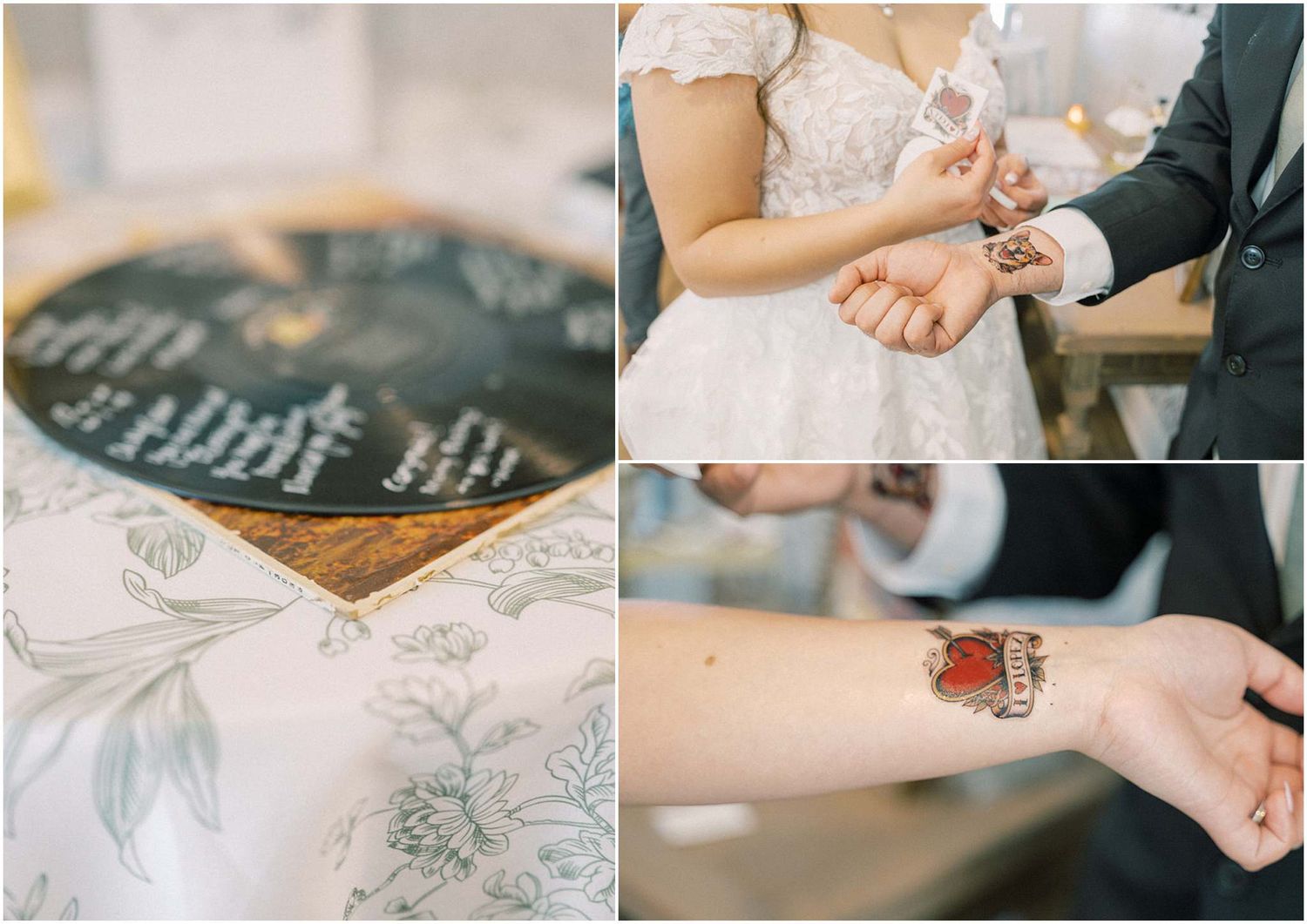 Close-up shots of hands with wedding rings and delicate lace details in soft natural lighting.