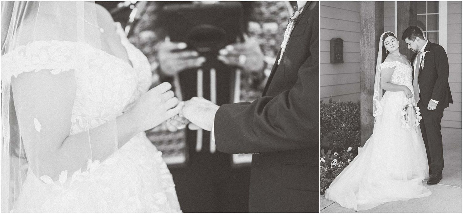 A romantic wedding photo collage showing various black and white moments from a couple's special day.