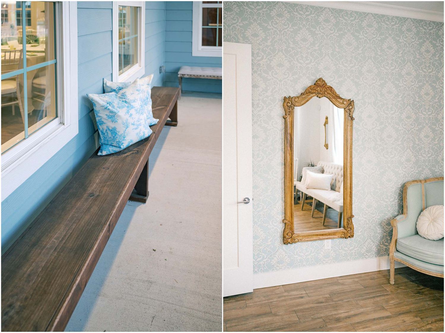 A split view showing a rustic wooden bench by blue windows and an ornate gold mirror on a floral wallpapered wall.