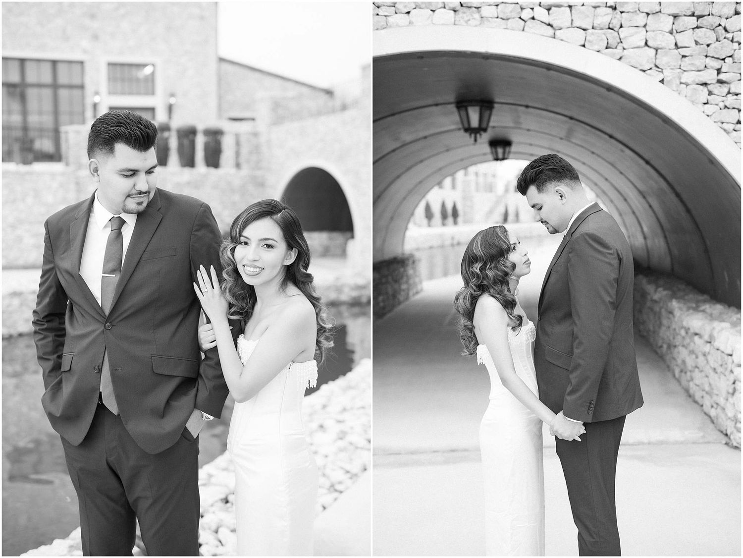 A romantic black and white photo series showing a couple in formal attire posing together under an archway.