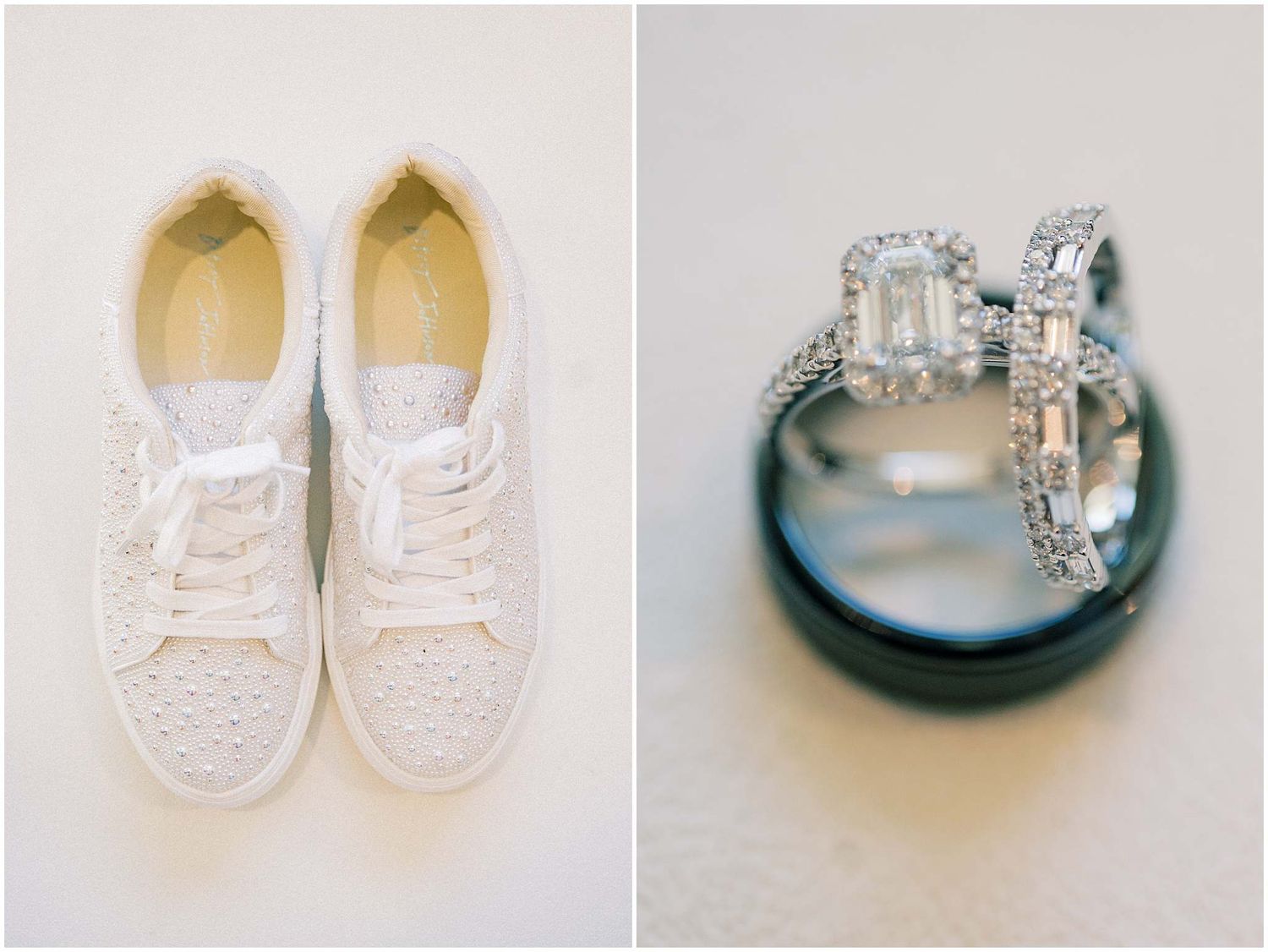 A collection of white baby shoes and silver rings arranged in a repeating pattern against a light background.