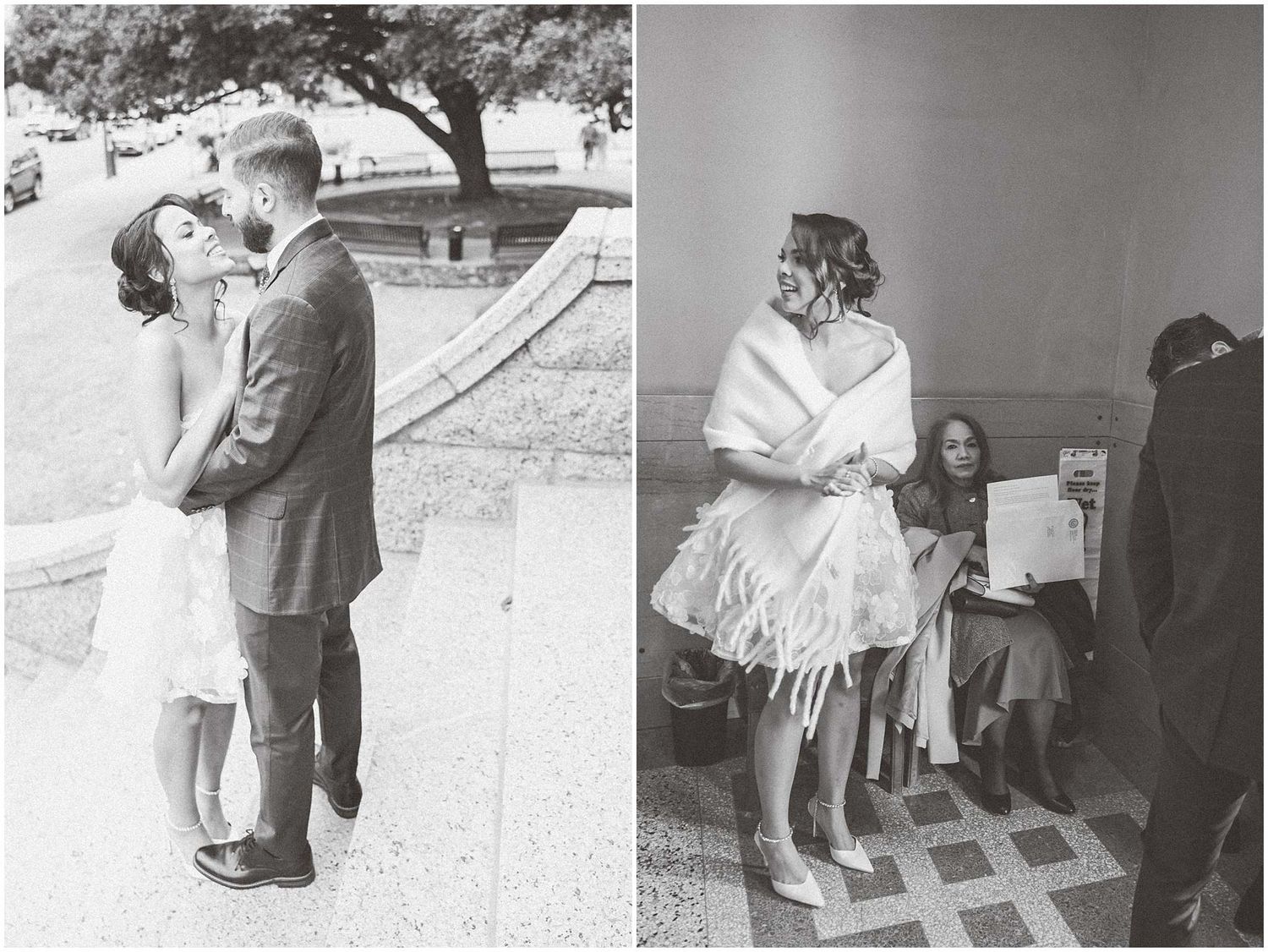 A series of black and white romantic wedding photos showing intimate moments between couples in formal attire.