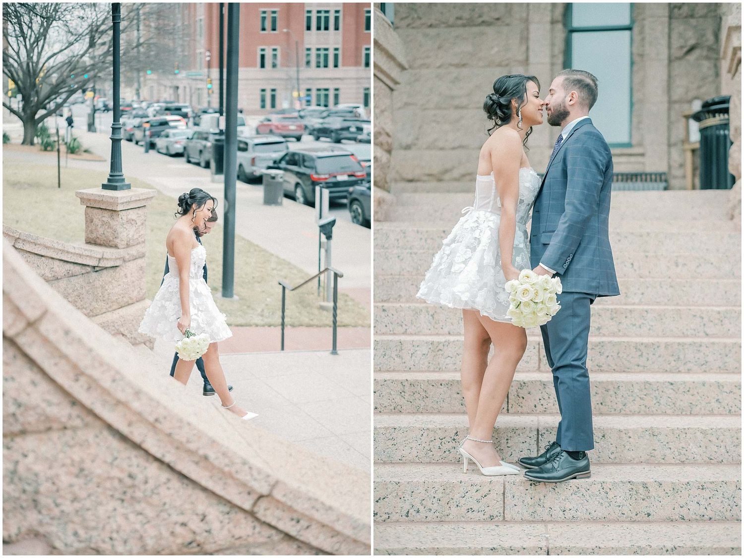 Wedding photo sequence on stone steps with architectural backdrop.