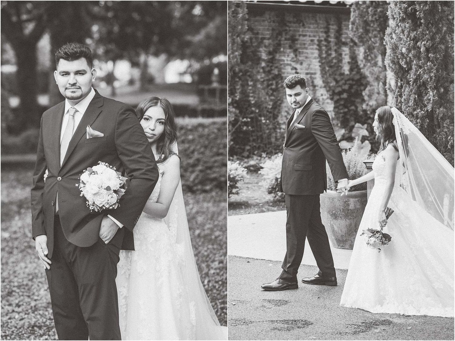 Black and white wedding photos showing a couple's intimate moments outdoors.
