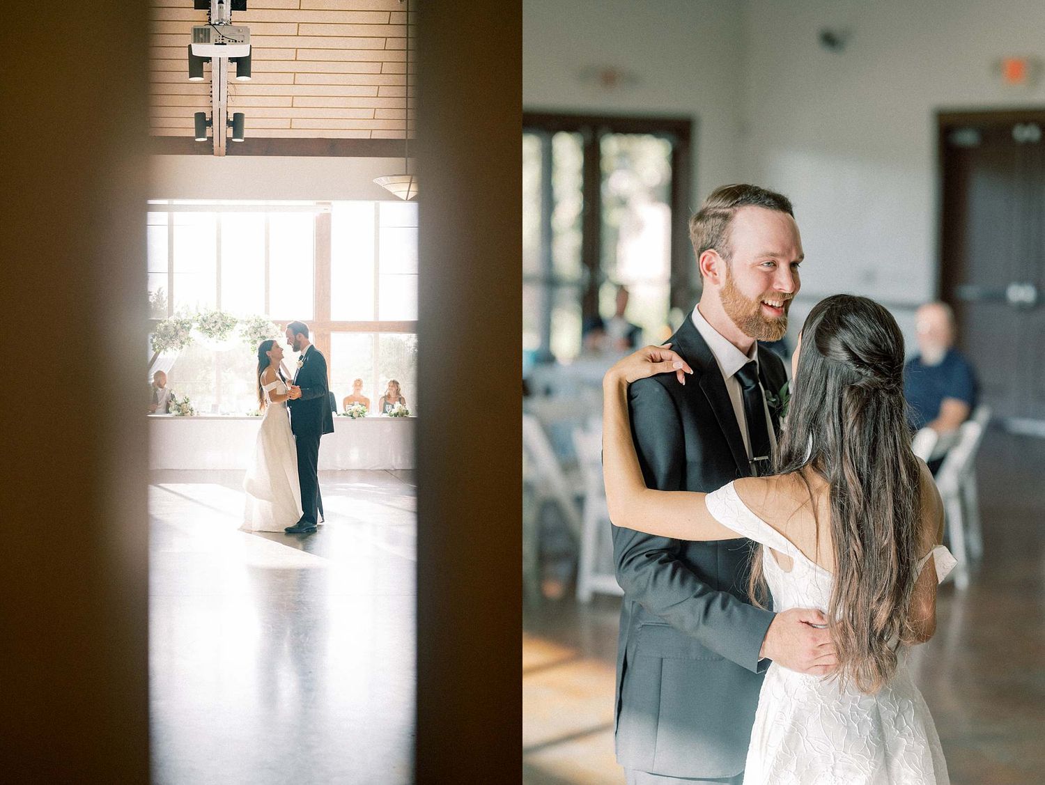 Wedding celebration candid moments captured in an indoor reception venue.