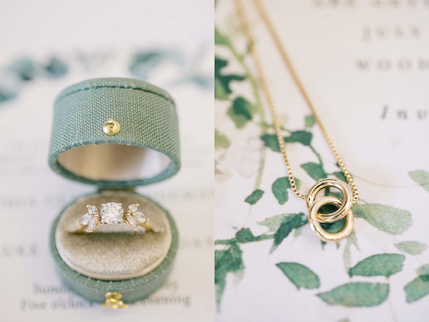 Wedding ring detail shots with sage green ring boxes and delicate styling elements.