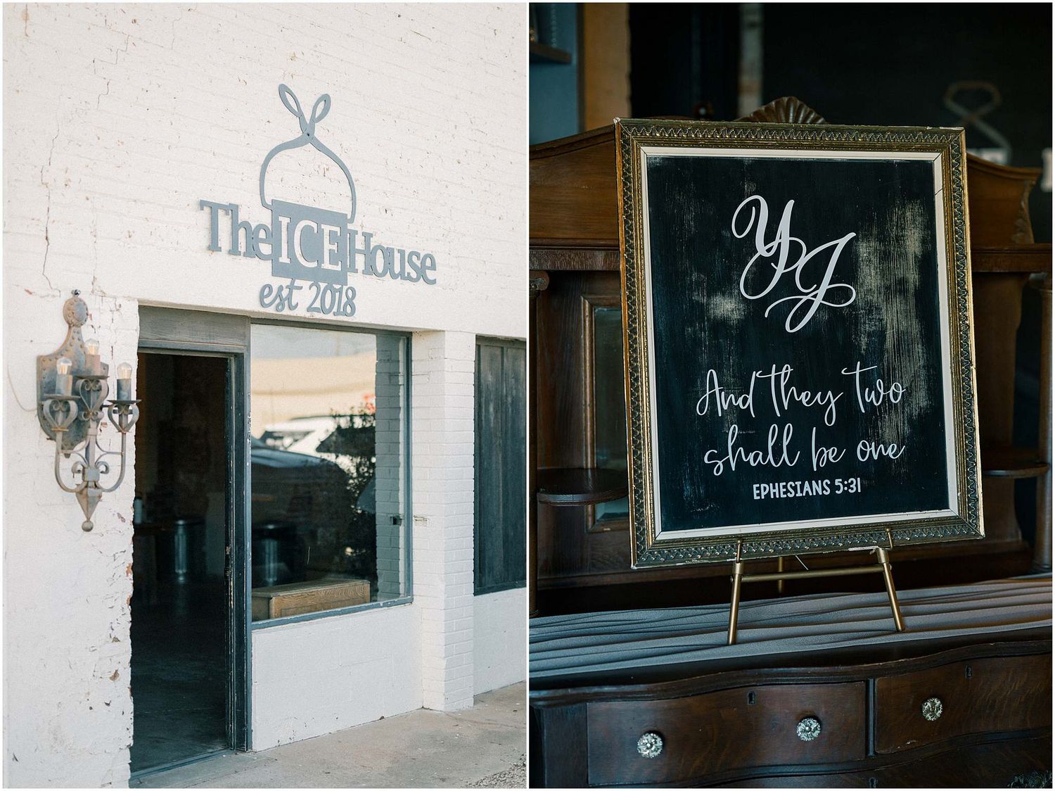 Storefront signs and window displays of The Ice House venue in black and white tones.