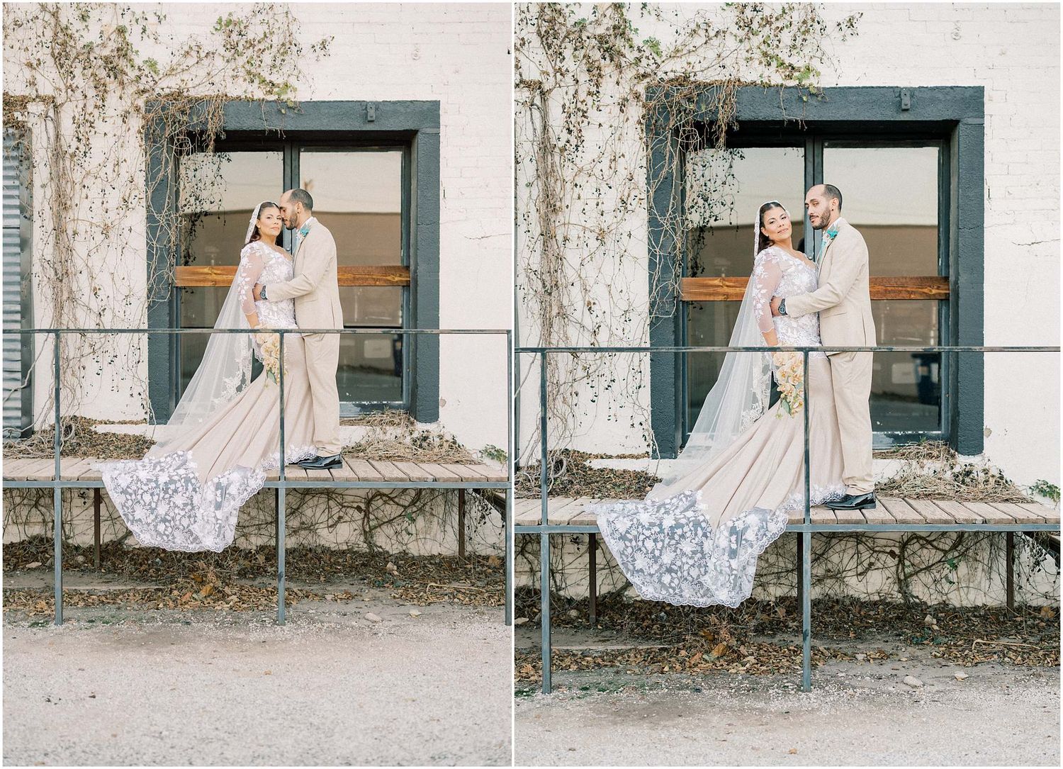 Rustic wedding photos against weathered white wall showcase elegant bridal portraits and romantic poses.