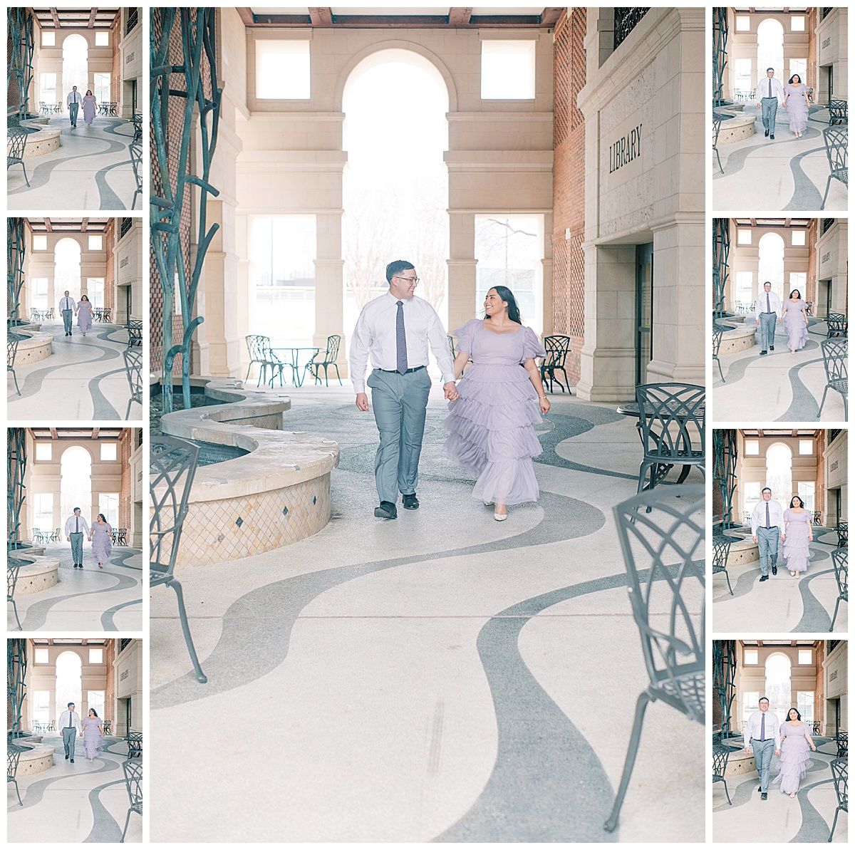 Multiple shots of a couple walking through an elegant hallway with ornate details.