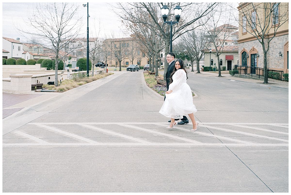 A series of photos showing a couple walking through an empty urban plaza.