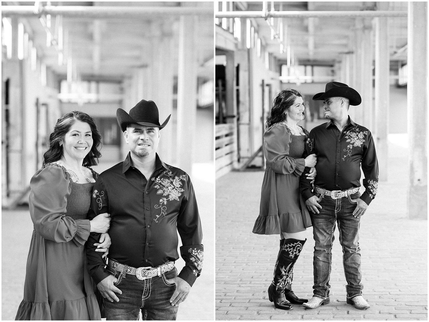 Black and white photos of a couple in western wear posing together in various romantic poses.