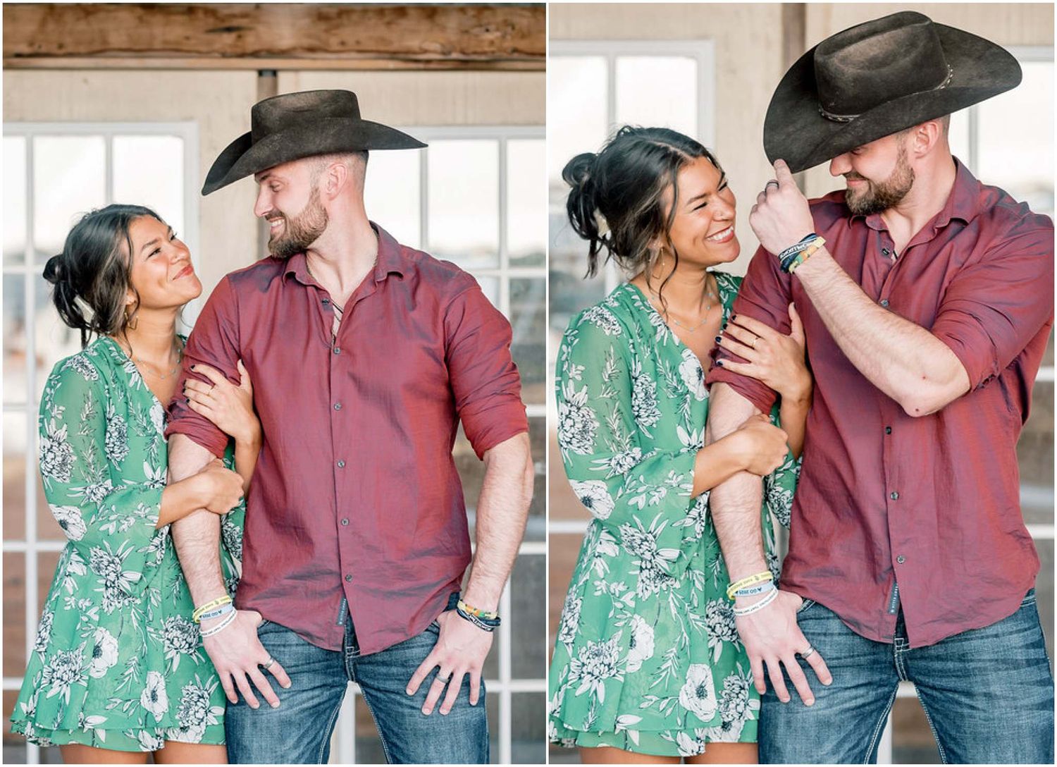 A couple sharing intimate moments while wearing western-inspired outfits against a bright interior backdrop.