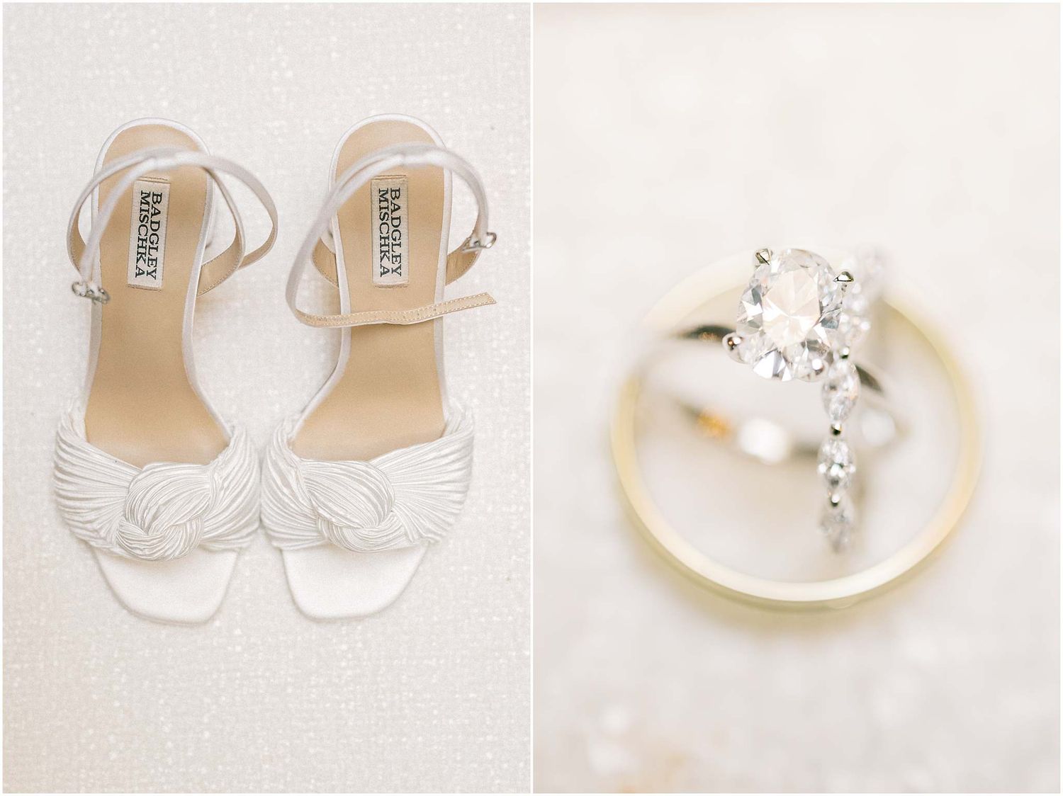 Collection of bridal shoes including white sandals and crystal-embellished flats on neutral background.