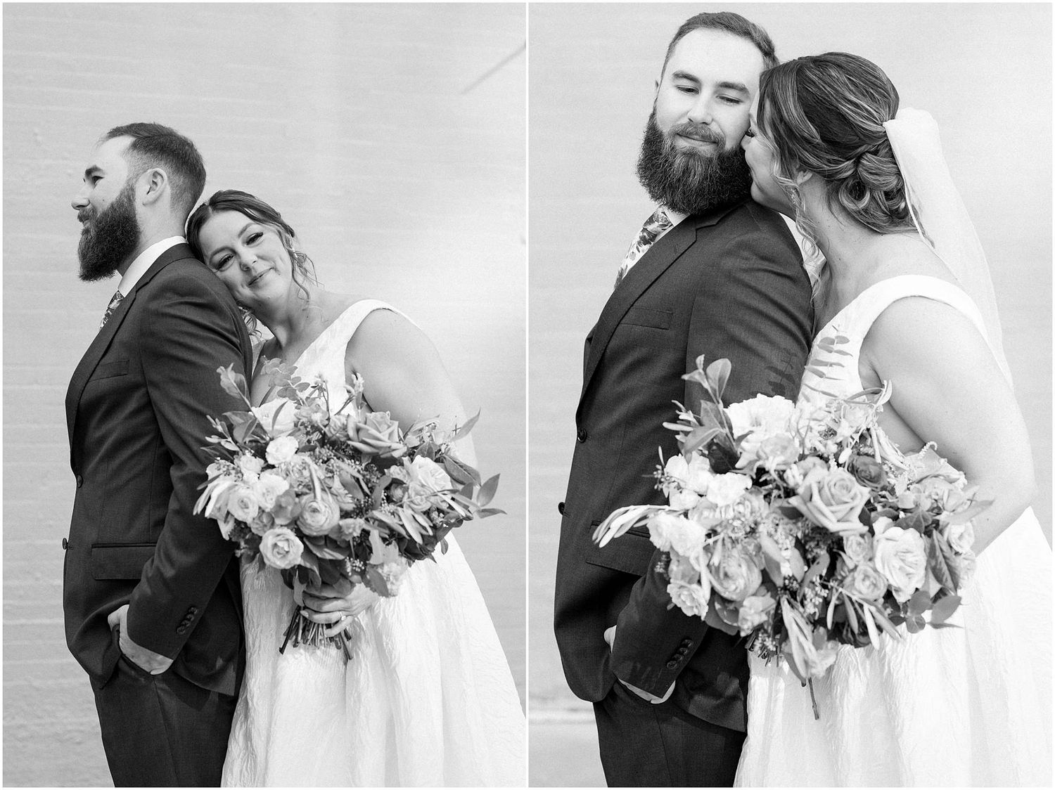Black and white artistic wedding portraits showing couple in intimate poses.