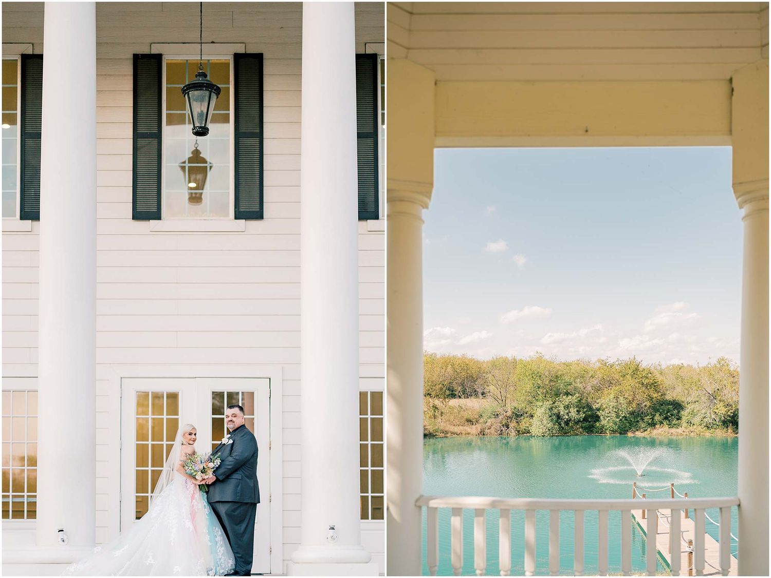 Waterfront wedding venue featuring white columns and scenic lake view.