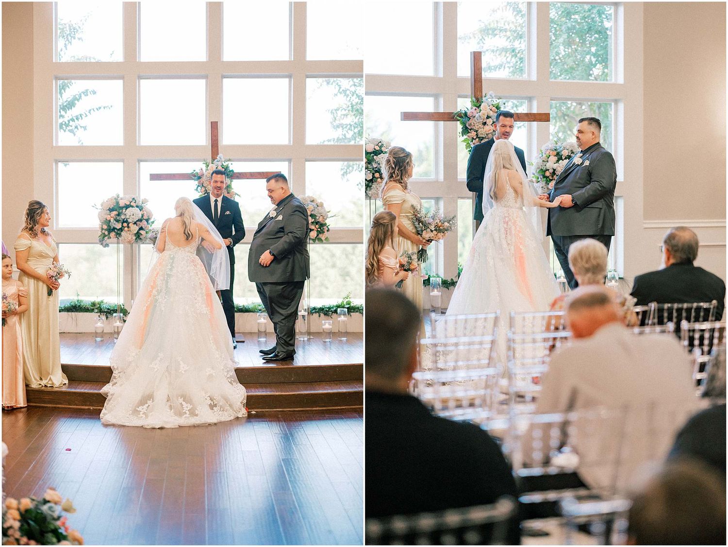 Wedding ceremony venue with large windows, white chairs, and natural lighting.