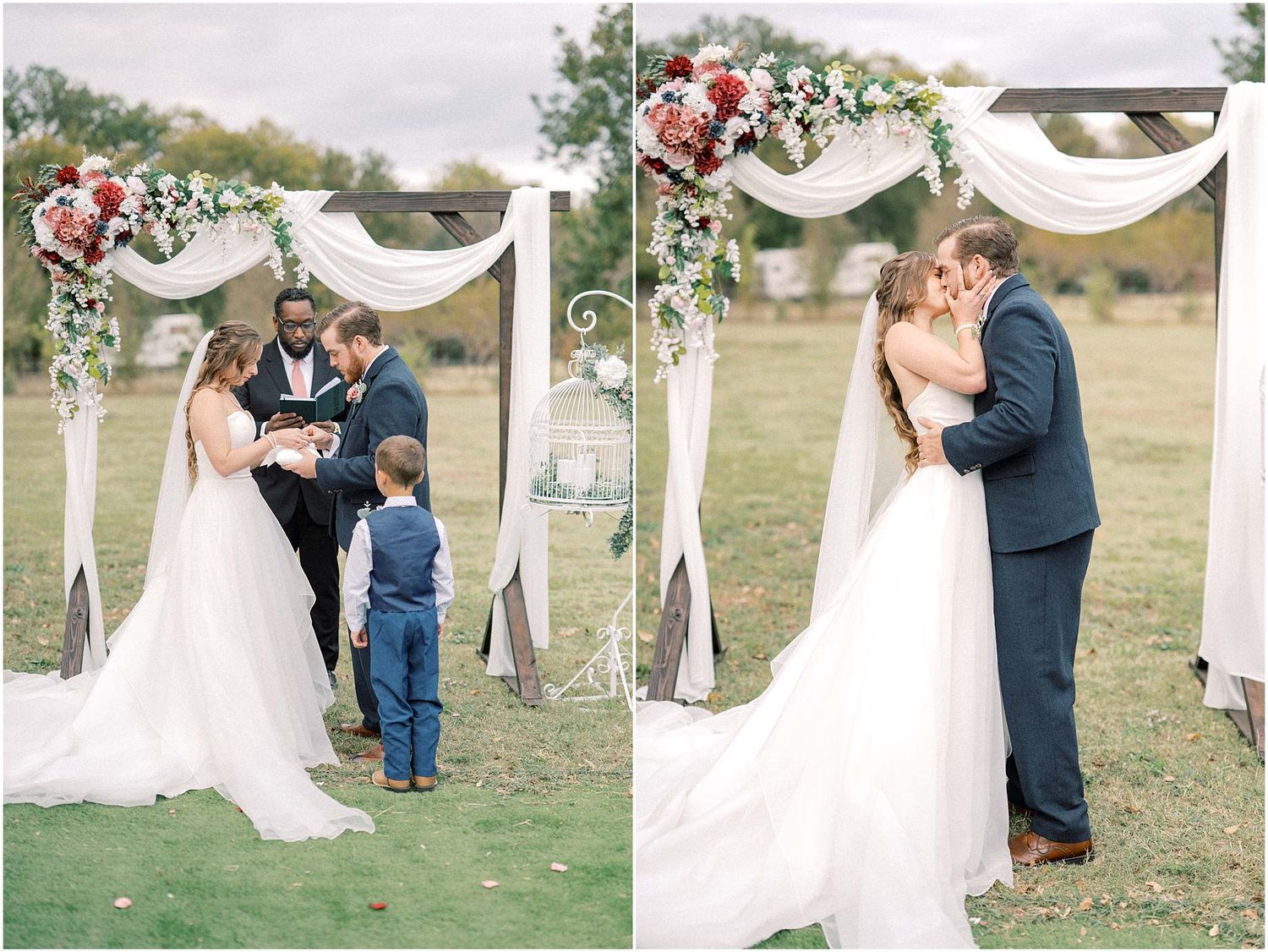 Wedding ceremony under white fabric arch with floral decorations.