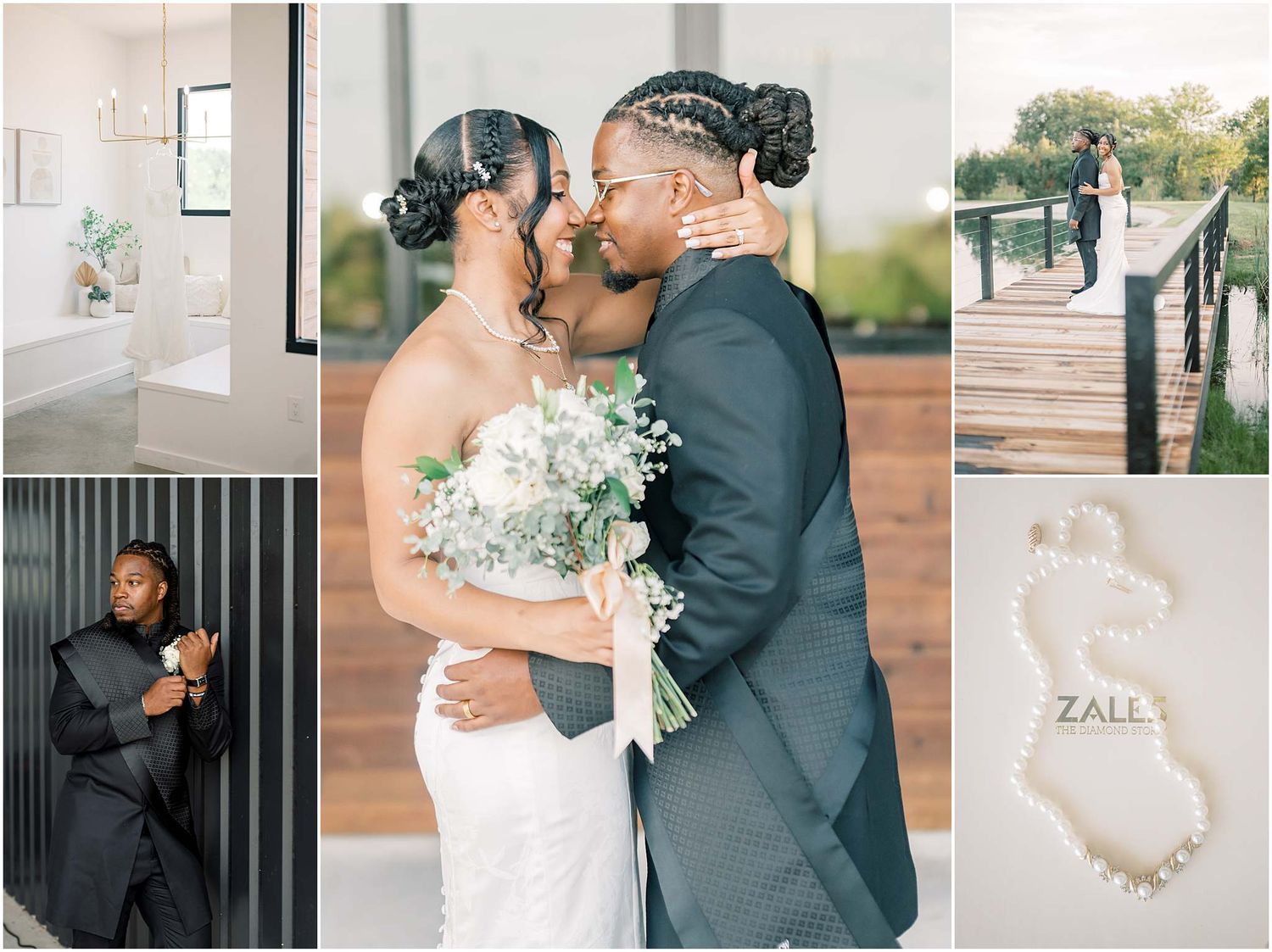 Black couple shares first kiss at wedding, bride in white gown holding bouquet, groom in black suit, outdoor venue.