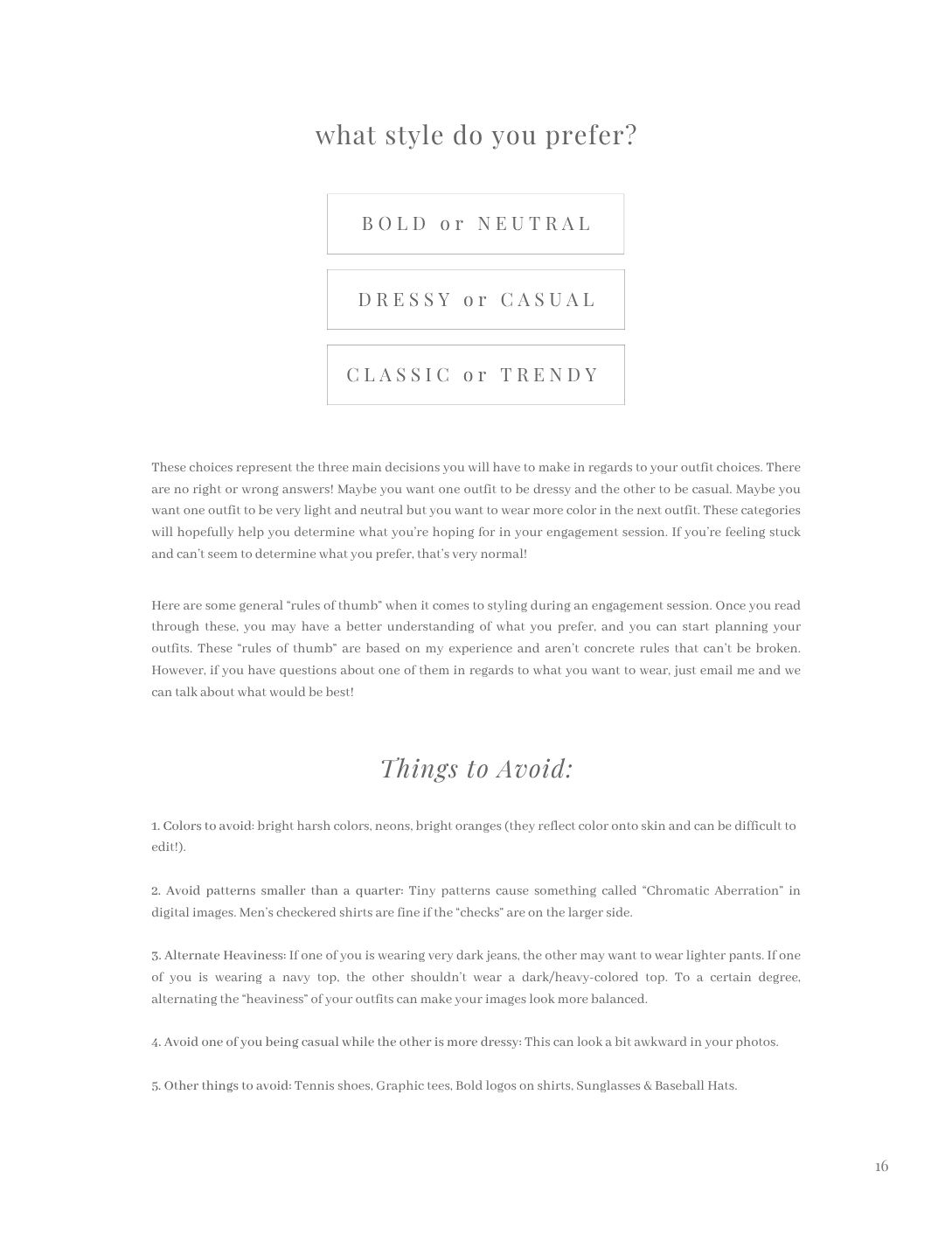 A wedding style guide page titled What Style Do You Prefer with bold neutral dressy casual classic and trendy options.