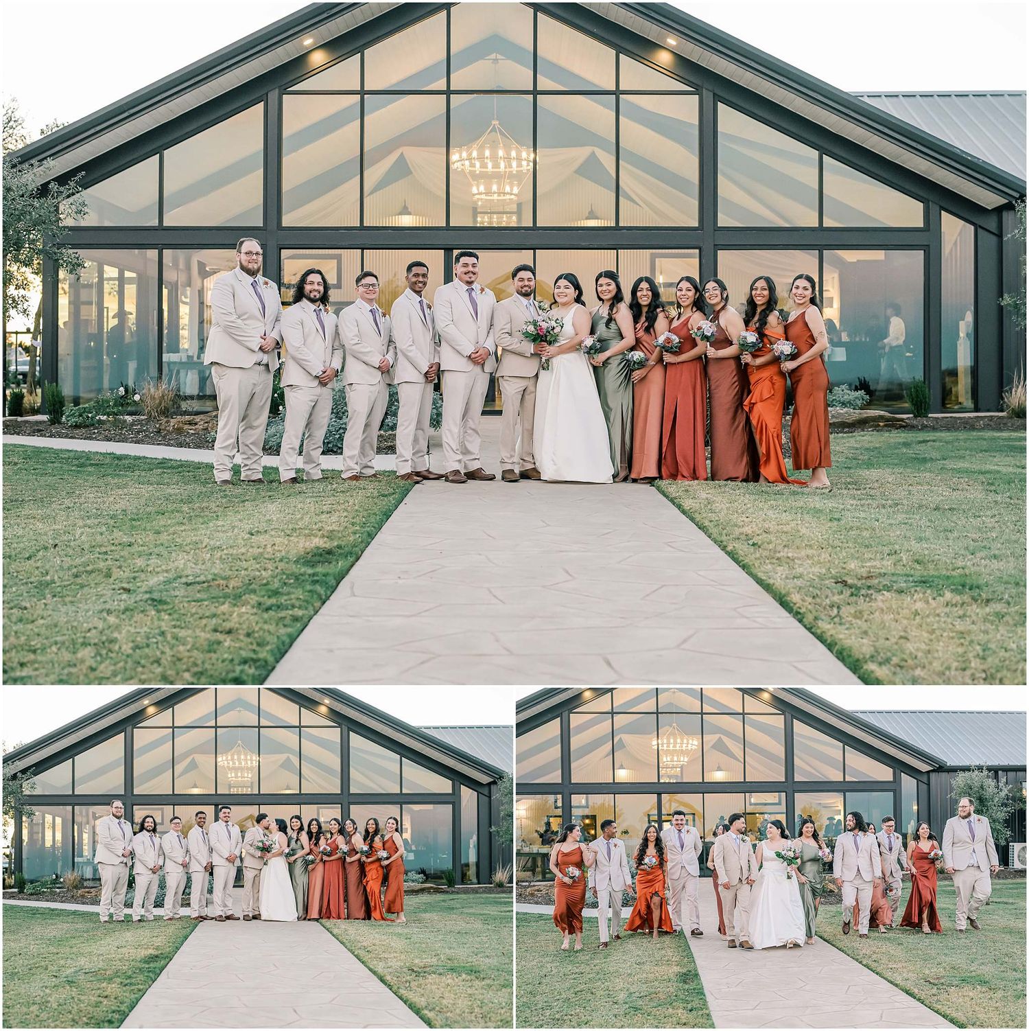 Wedding party group photos outside modern glass venue in coordinated formal attire.