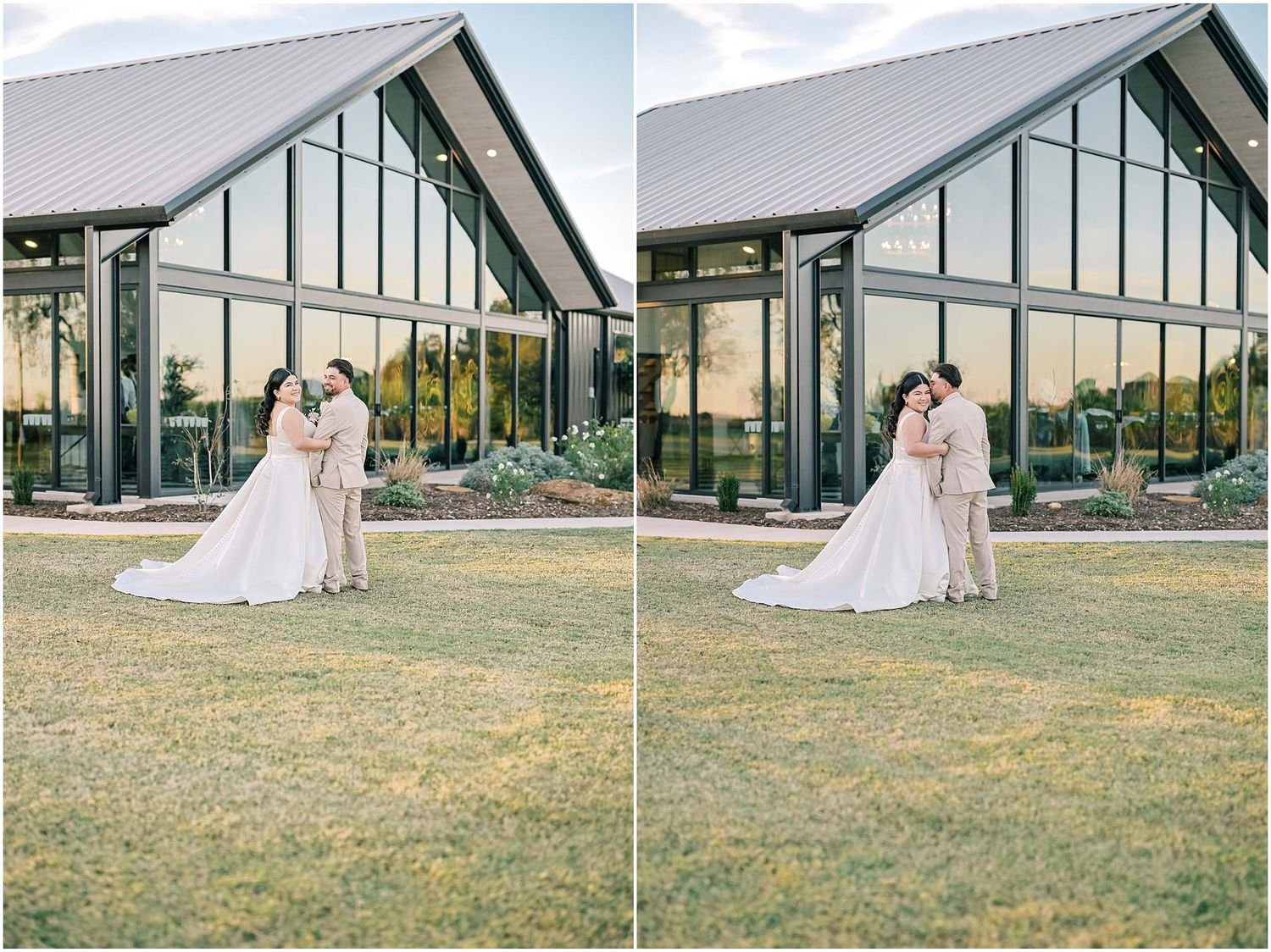 Contemporary wedding venue with glass walls and angular architecture in outdoor setting.
