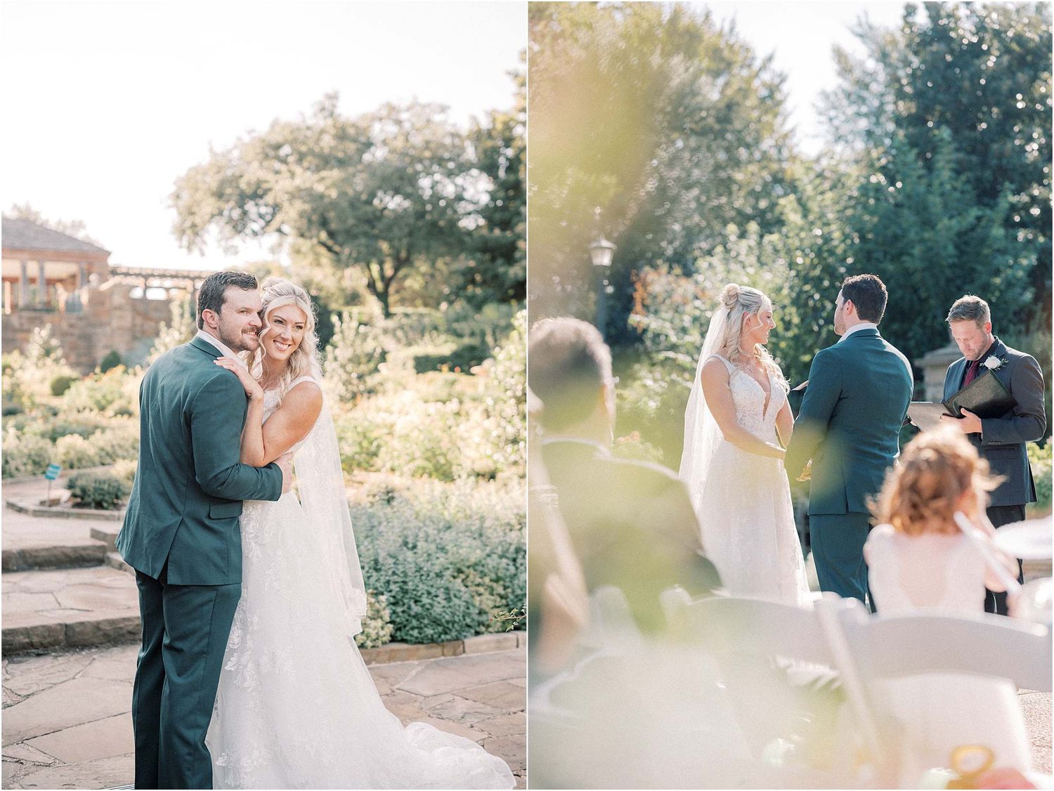 A romantic outdoor wedding ceremony in a garden setting with natural sunlight filtering through trees.
