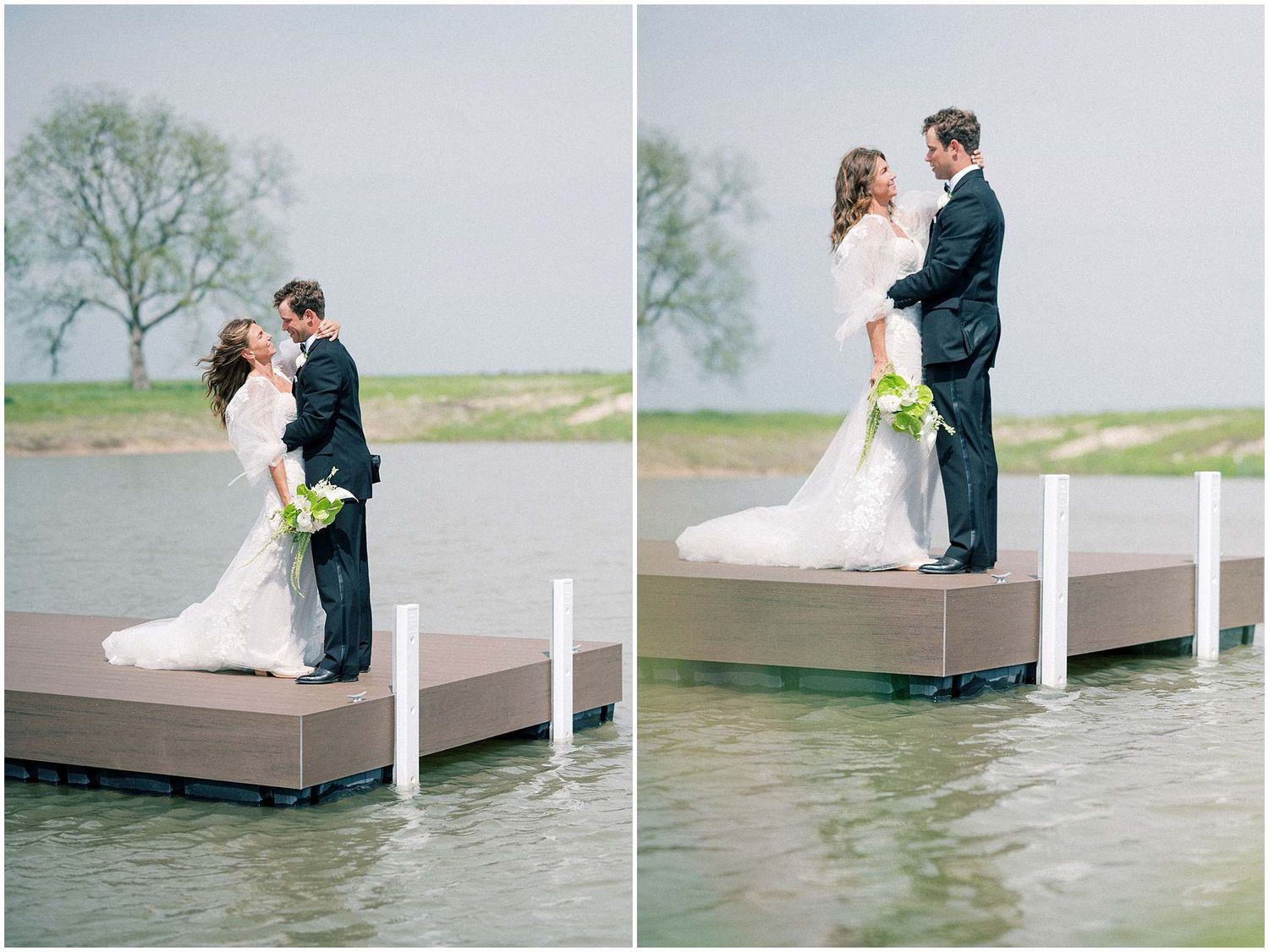 Romantic wedding photoshoot on a lakeside dock with water reflections.