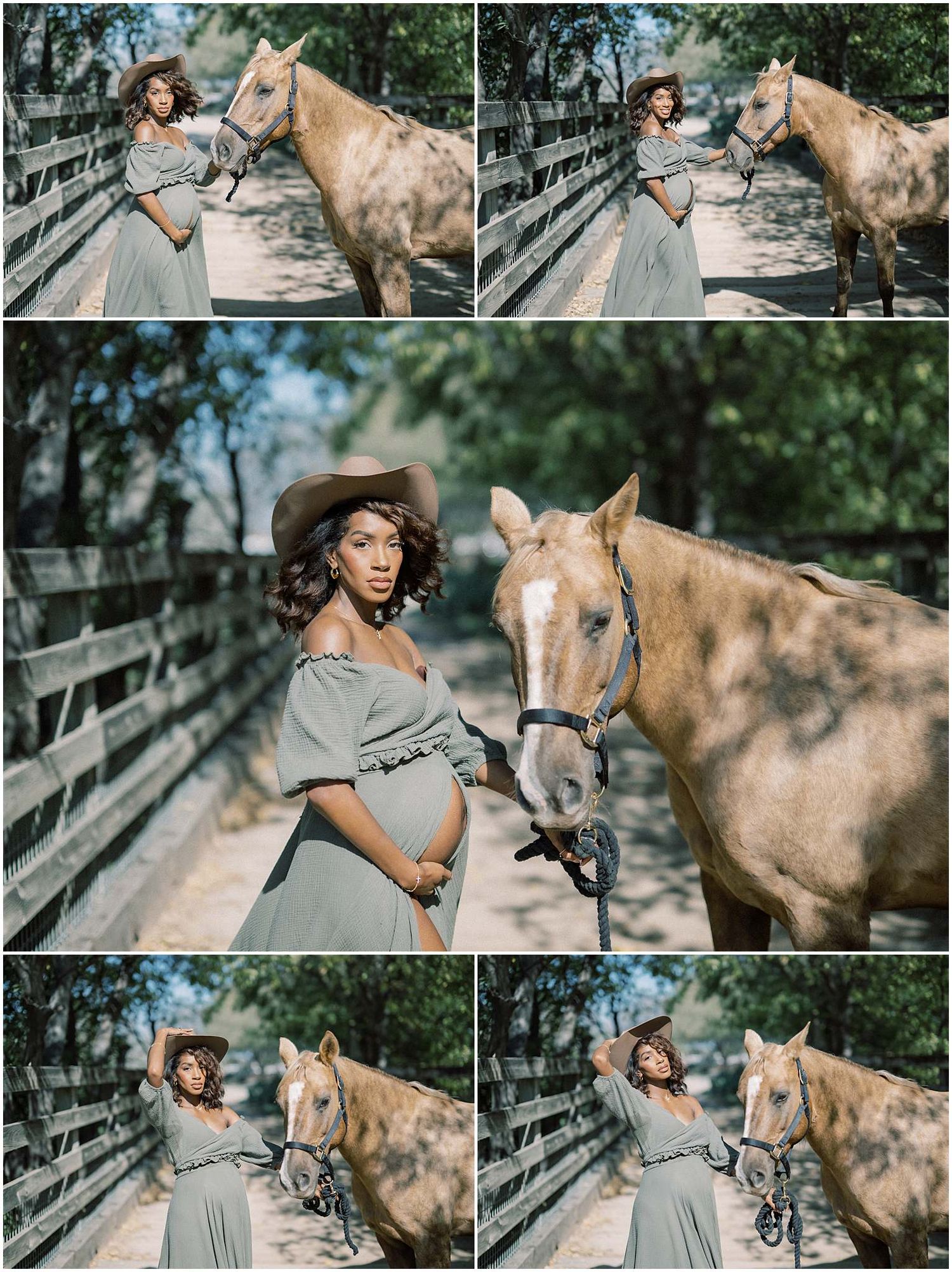 A beautiful equine photoshoot in a natural outdoor setting with a light blue dress against wooden fencing.