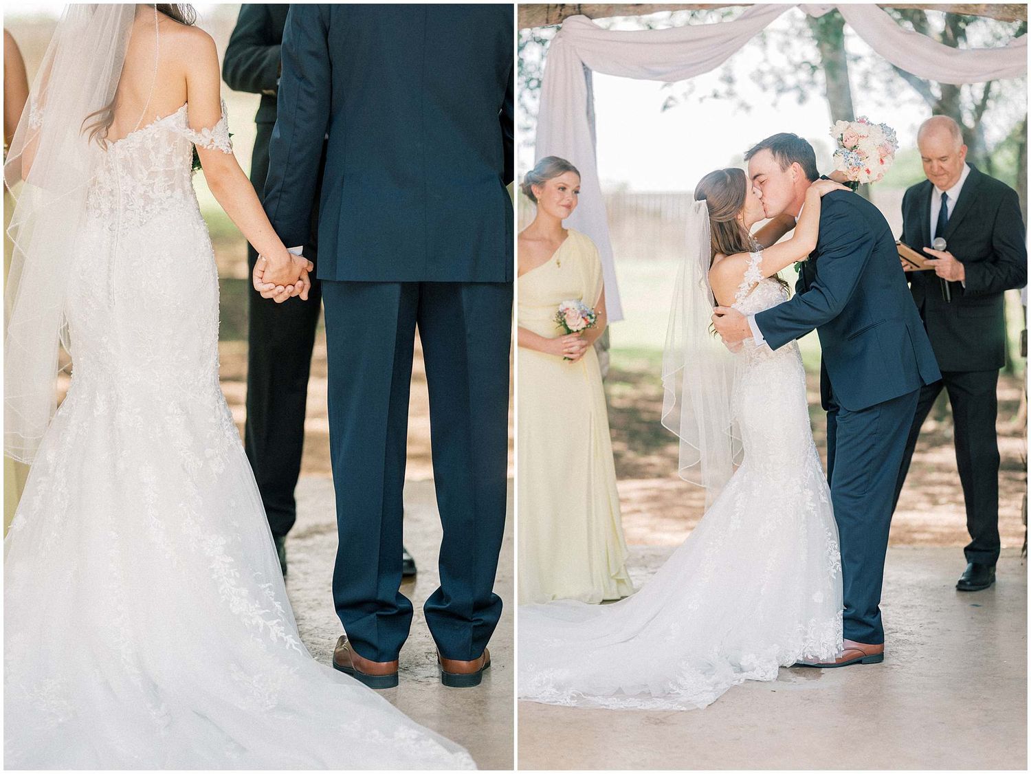 Two wedding photos side by side show a couple holding hands and sharing their first kiss under a decorated canopy.