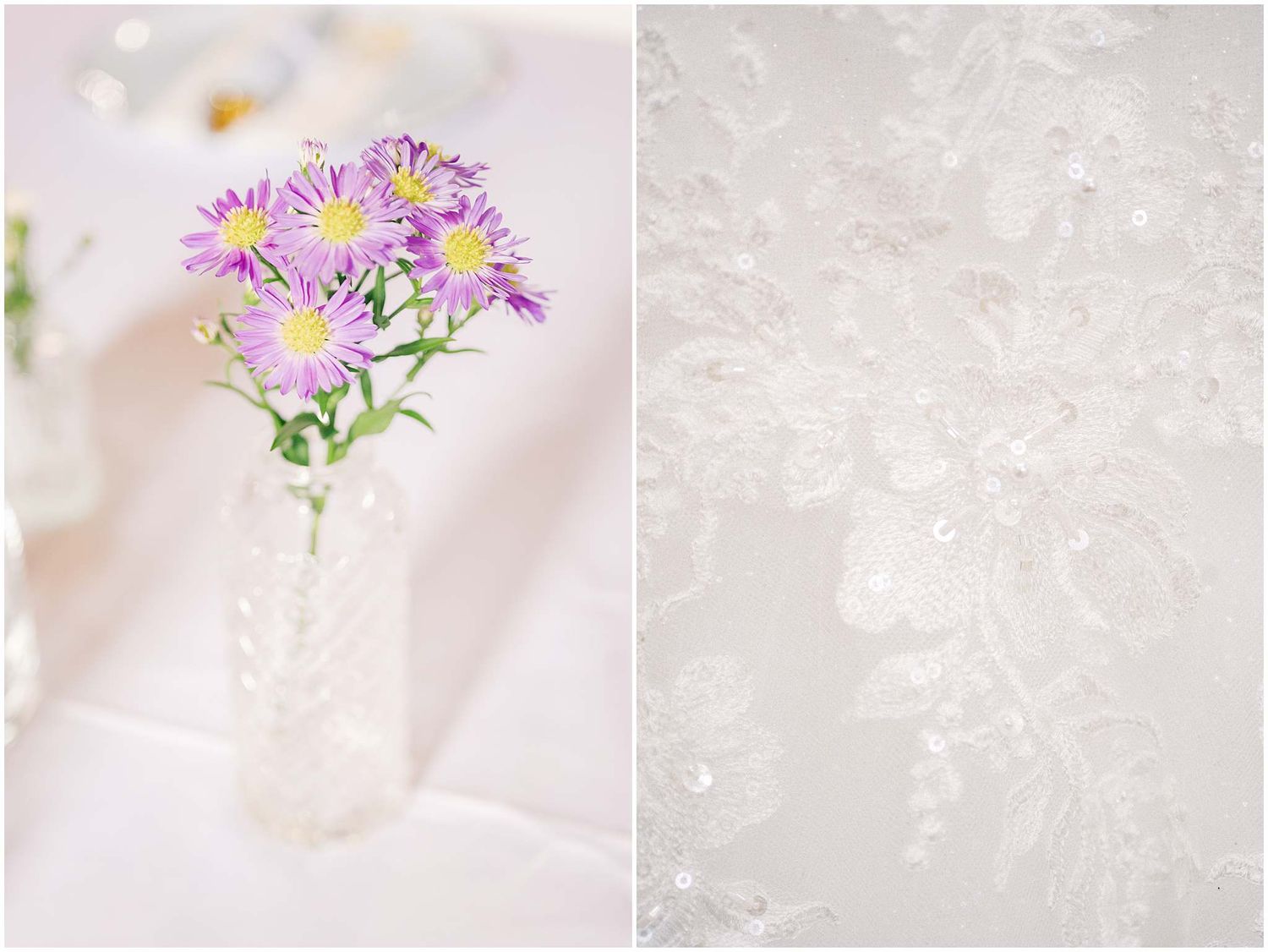 A delicate purple and white flower arrangement displayed in a sequence of soft, dreamy photographs.