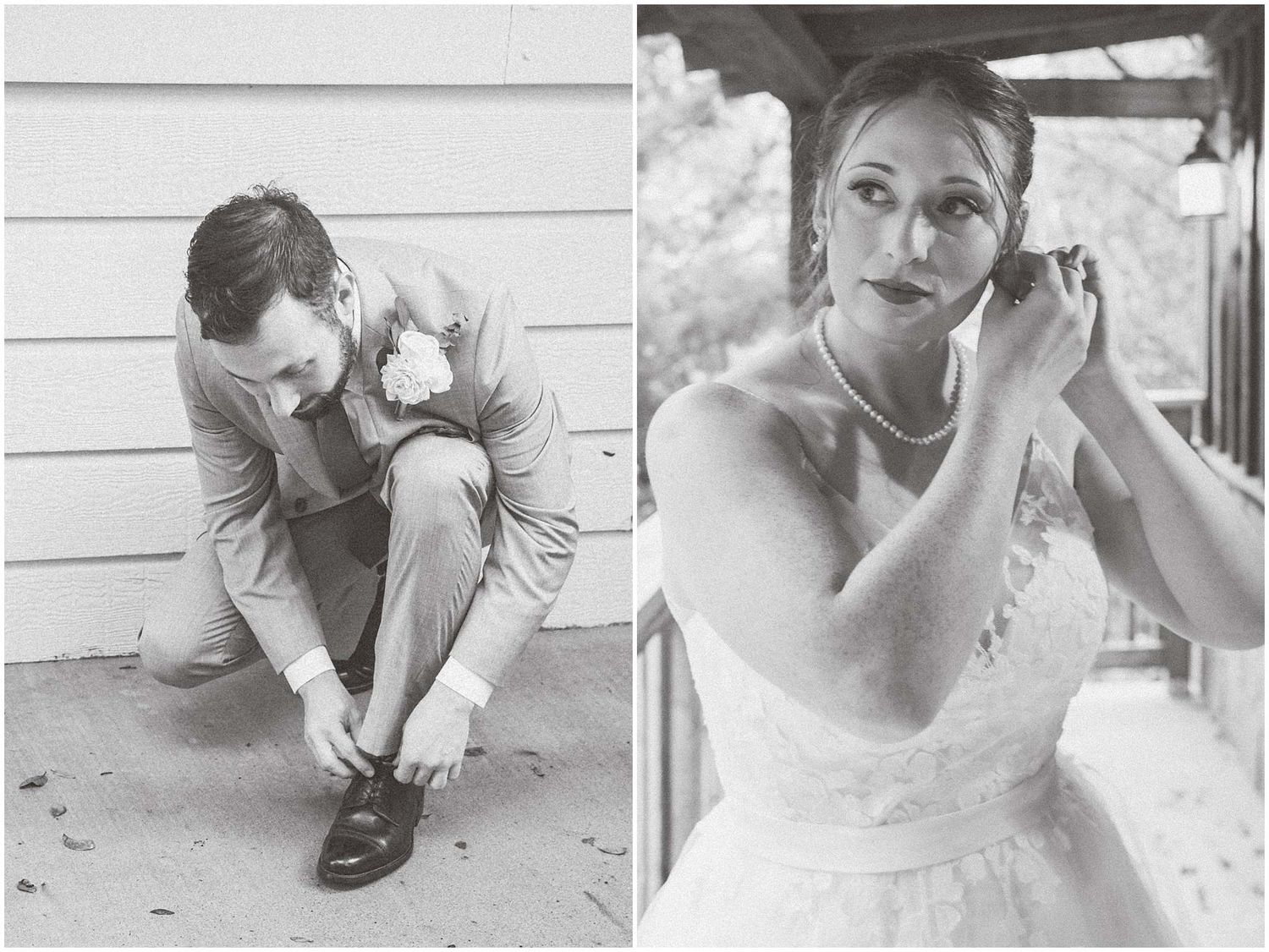 Black and white wedding preparation photos showing intimate getting ready moments and final dress adjustments.