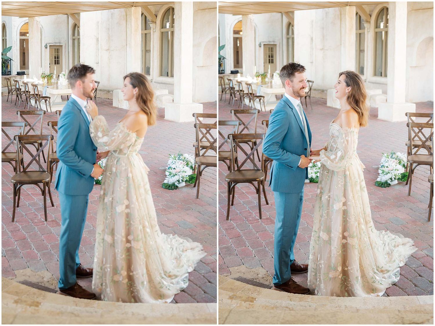 Sequence showing a couple's first look moment in formal attire on a stone patio.