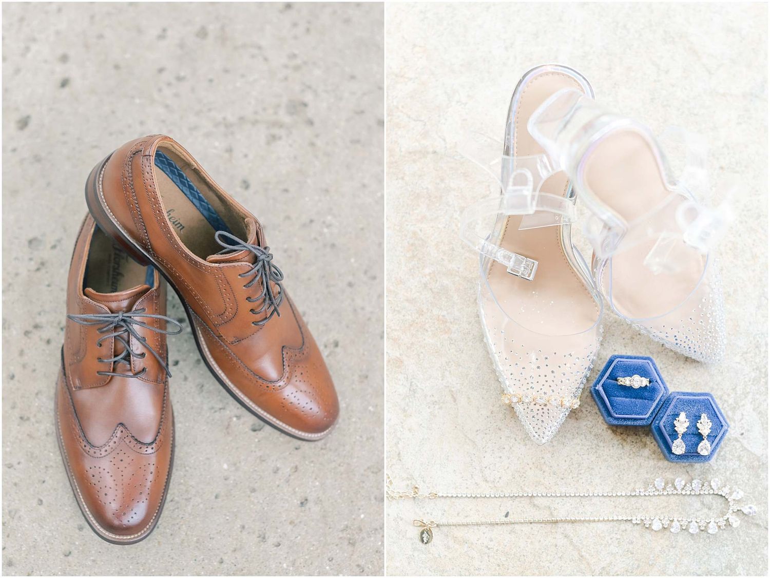 Brown leather wingtip oxford shoes beside clear bridal heels with rhinestones, blue velvet ring box, and delicate jewelry.