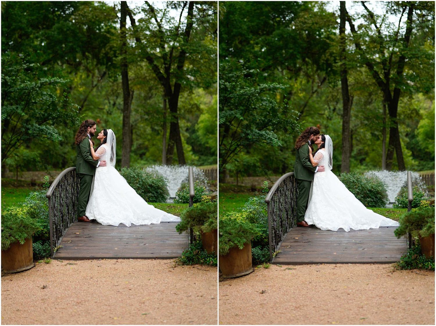 Bride and groom sharing a romantic kiss on a rustic bridge surrounded by lush green trees in an outdoor garden setting.