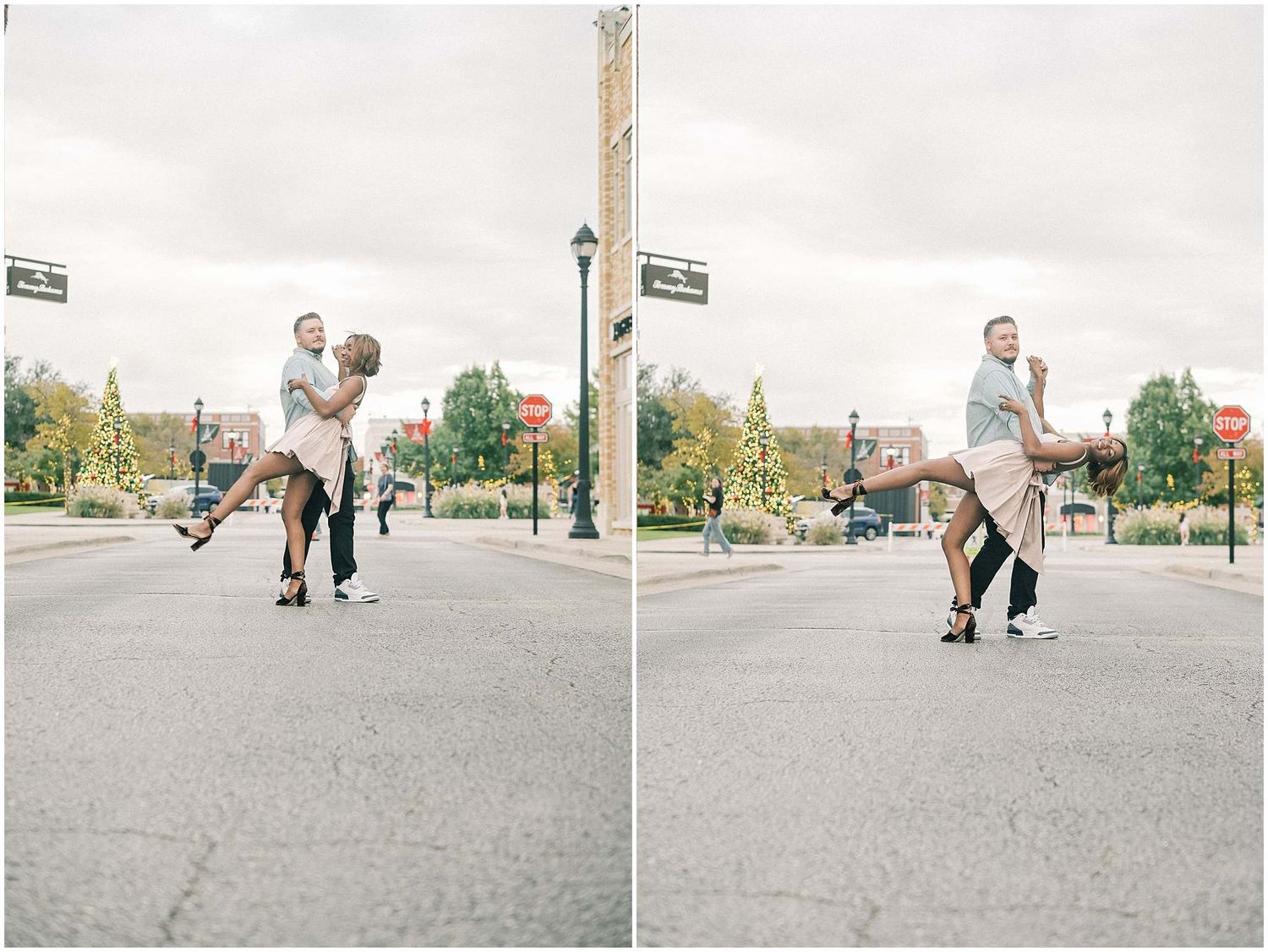 A sequence of playful dance moves performed on a concrete surface in an outdoor setting.