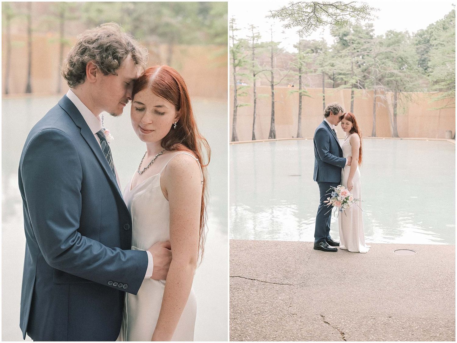Wedding couple shares tender moment outdoors with brick wall and greenery in background.