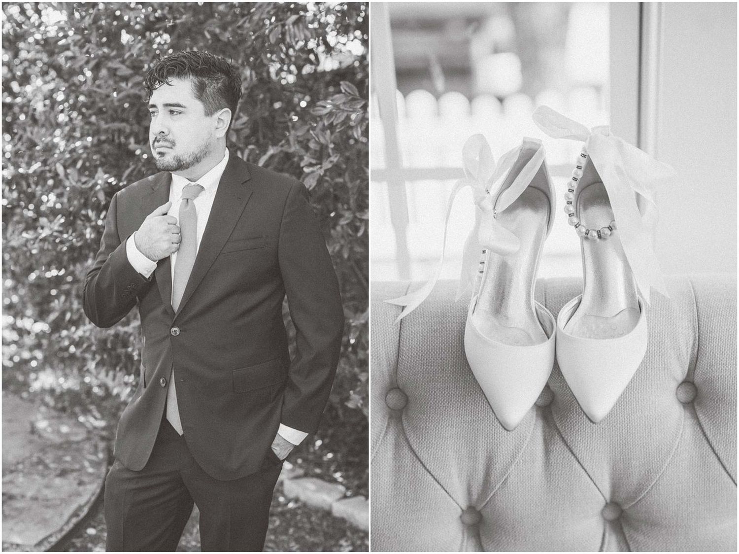 Split image of groom portrait and elegant white bridal heels on tufted furniture.