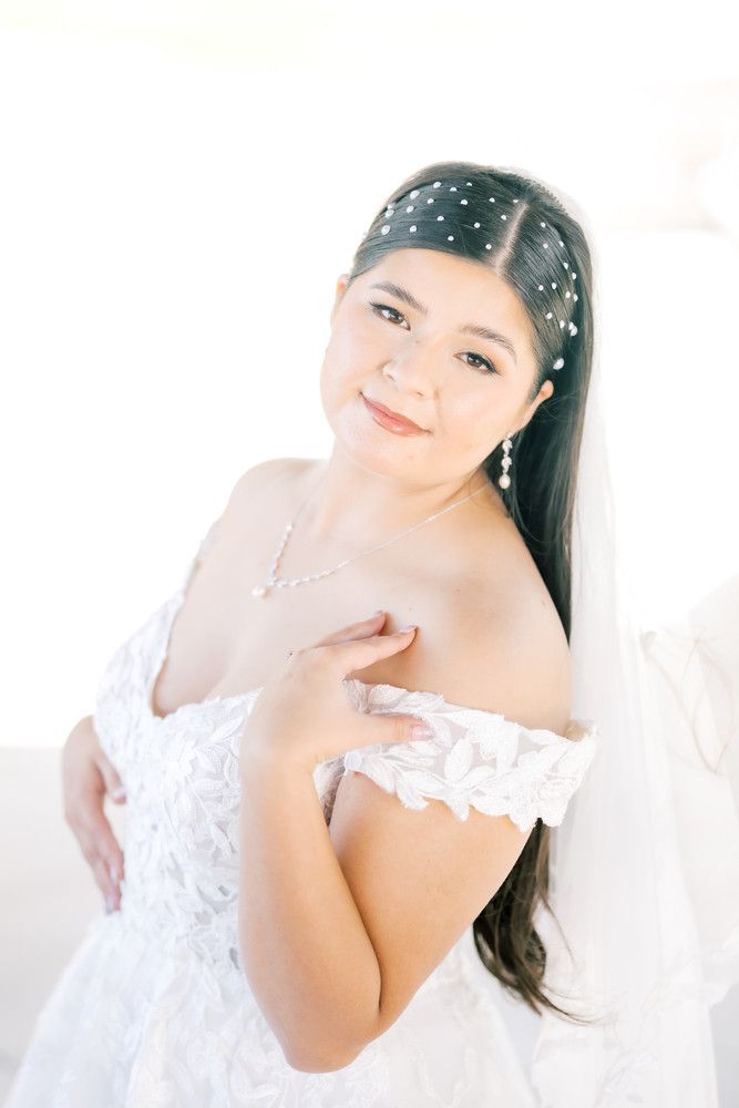 Dreamy bridal portraits with sparkly hair accessories and white lace details.