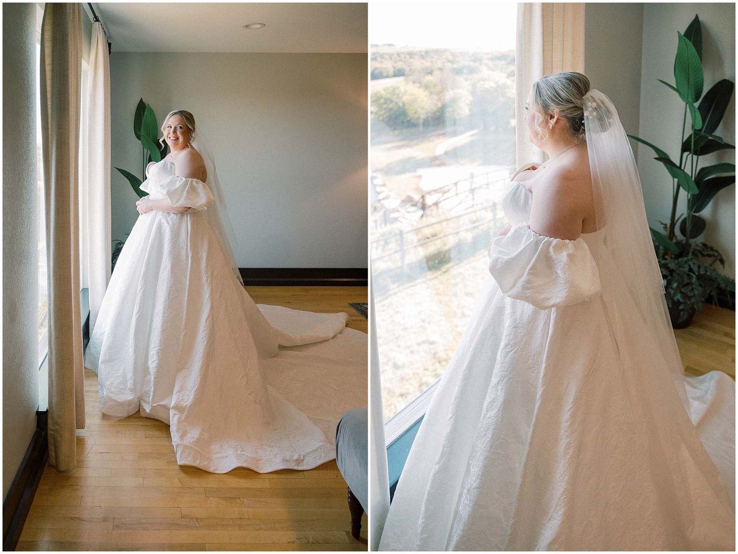 A beautiful white ballgown wedding dress is displayed in various angles in an indoor setting.