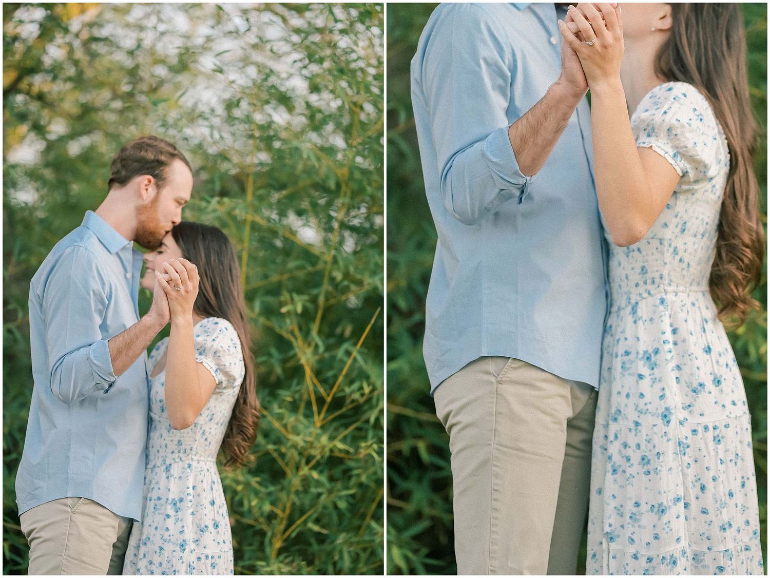 Romantic couple in blue shirt and floral dress embrace in a garden setting during a photo session.