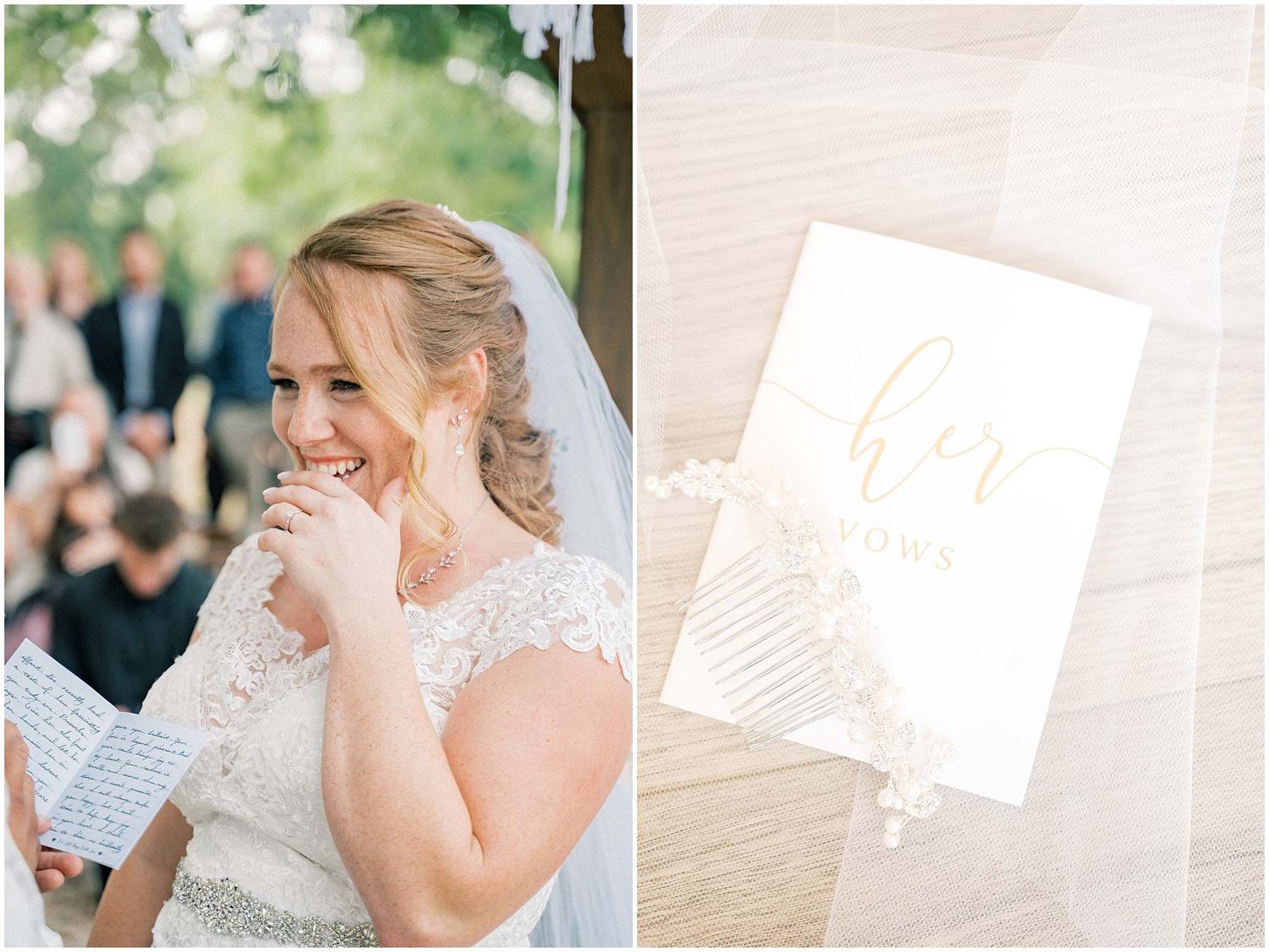 A bride in a white lace wedding dress wipes away tears during an emotional moment at a wedding ceremony.