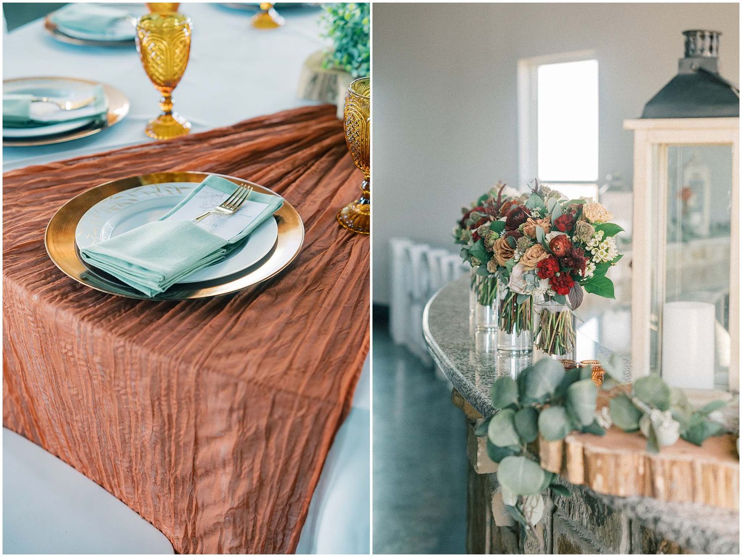 Wedding table decor featuring turquoise plates, amber glassware, and terracotta linens with eucalyptus accents.