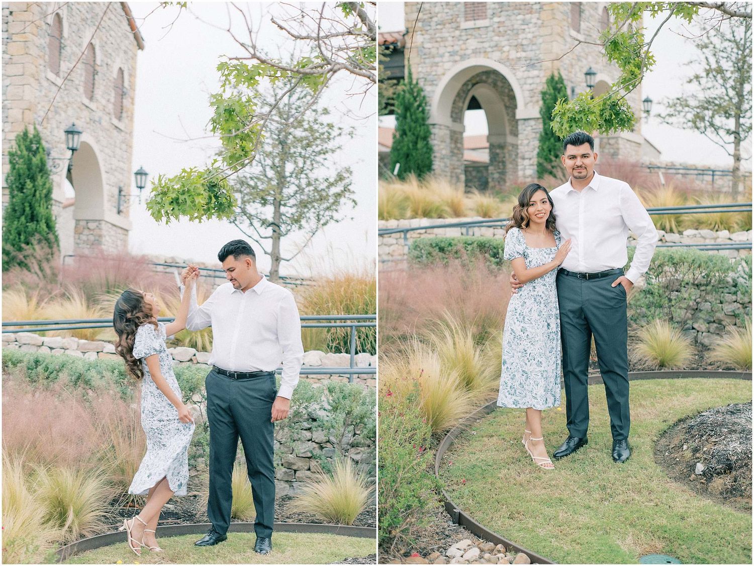Couple explores landscaped garden grounds with ornamental grasses and stone walls.